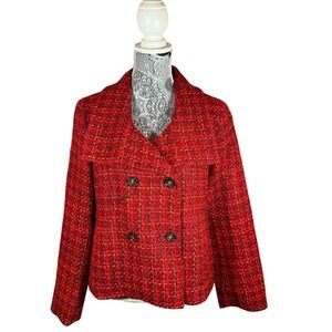 Talbots Blazer Tweed Wool Blend Double Breasted Red Orange Jacket Womens 14 P